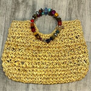 Cappelli Chunky Crochet Woven Straw Purse‎ Med Tote Handbag Round Beaded Handles